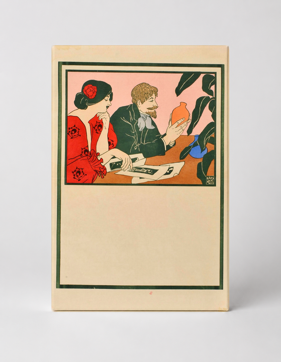 Art Nouveau Couple Examining Pottery 1900s - Vintage Lithograph Poster Wall Art