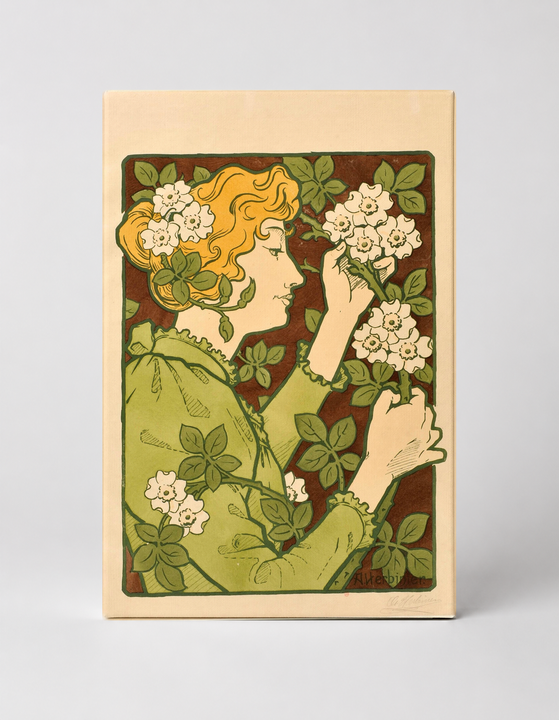 Art Nouveau Woman with White Flowers 1900s - Vintage Lithograph Canvas Wall Art