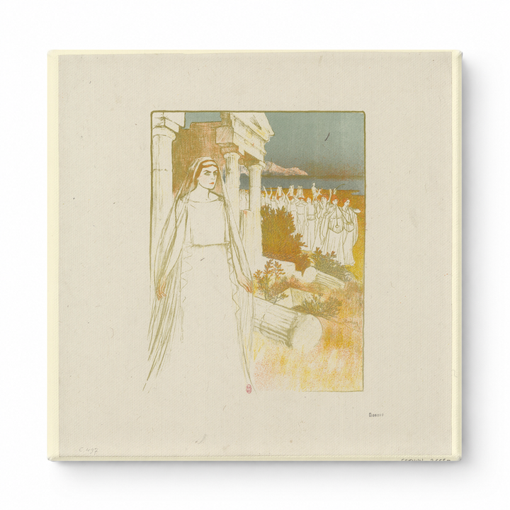 Veiled Woman at Temple Ruins 1890s - Symbolist Vintage Lithograph Wall Art