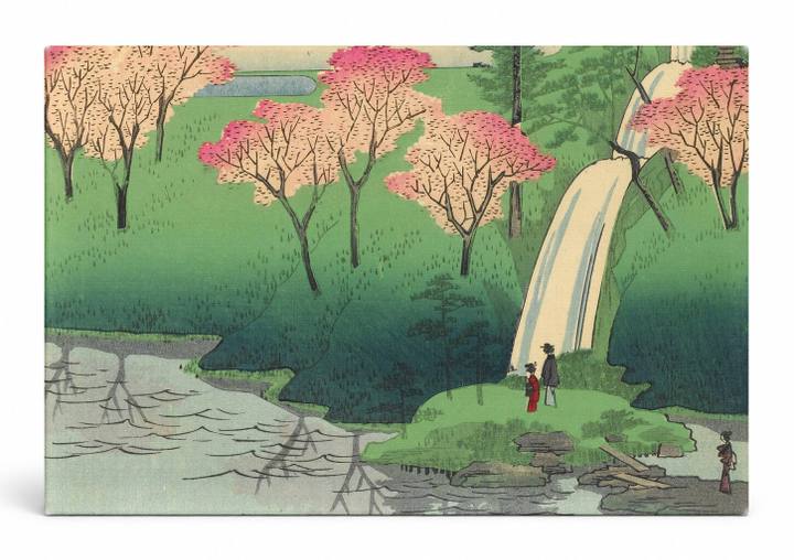 Cherry Blossoms and Waterfall in a Garden