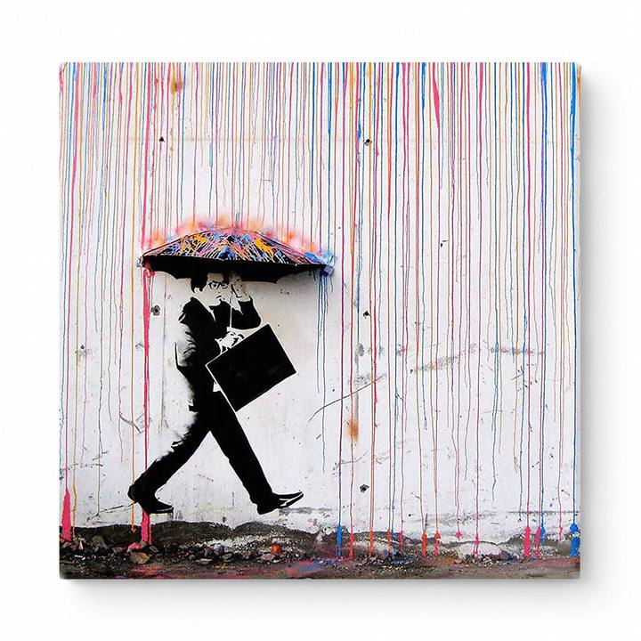 Business Man Walking through Rainbow Rain off-centered — Street Art Print