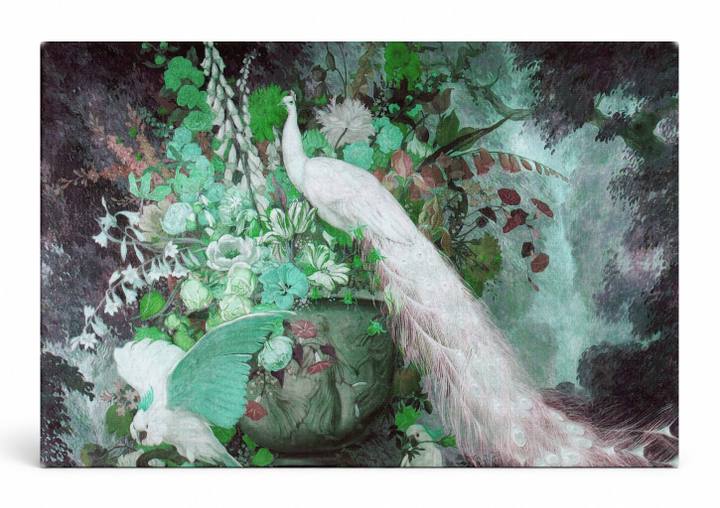 White Peacock and Cockatoo with Floral Arrangement