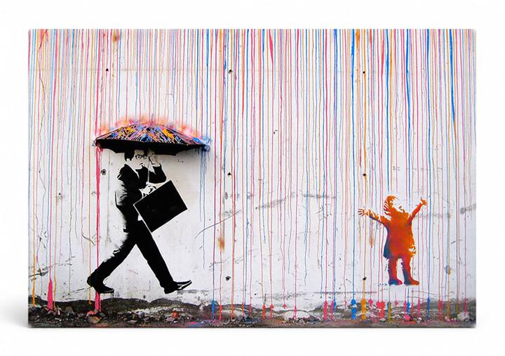 Business Man Walking Little Girl in Rainbow Rain — Street Art Print