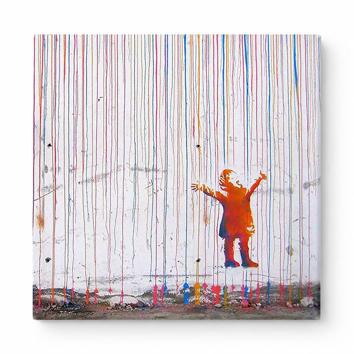 Little Girl Embracing the Rainbow Rain Pillow — Street Art Print