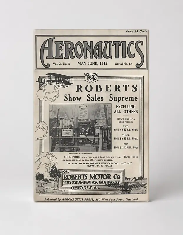 Aeronautics Magazine 1912 Roberts Motor Co - Vintage Aviation Poster Wall Art