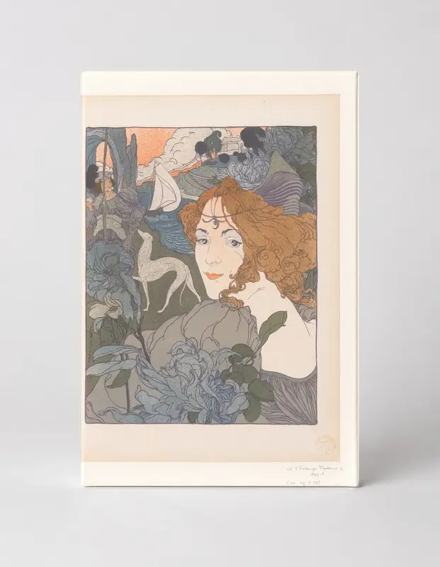 Art Nouveau Woman with Blue Peonies 1890s - Vintage Lithograph Poster Wall Art