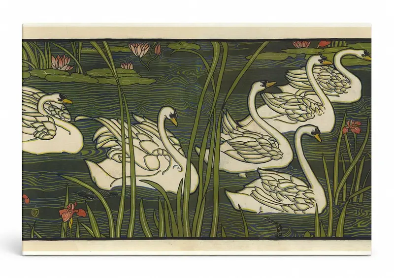 Swimming Swans Pond - Art Nouveau Vintage Lithograph Canvas Wall Art