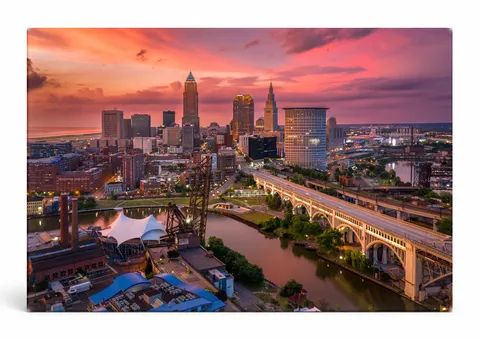 Cleveland Skyline Aerial Sunset