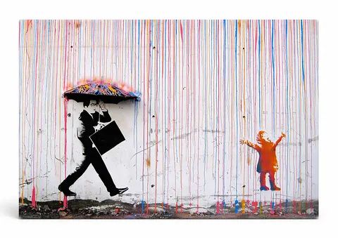 Business Man Walking Little Girl in Rainbow Rain — Street Art Print