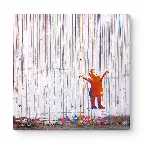 Little Girl Embracing the Rainbow Rain Pillow — Street Art Print