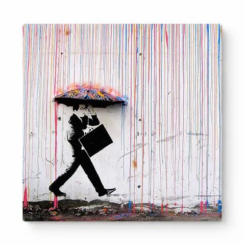 Business Man Walking through Rainbow Rain off-centered — Street Art Print