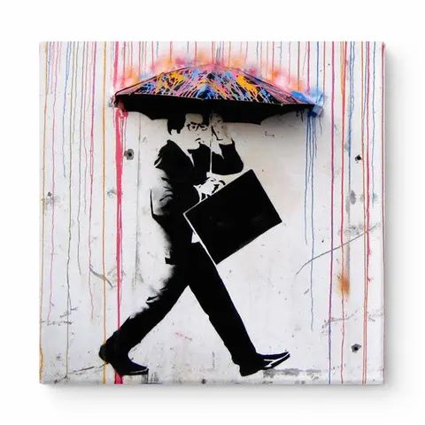 Business Man Walking through Rainbow Rain — Street Art Print
