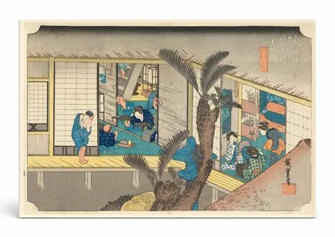 Akasaka: Traveling Ladies at an Inn (Tokaido Gojusan Tsugi-no Uchi) (ca. 1834)