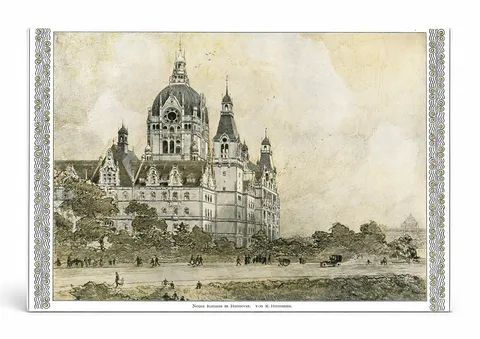 Neues Rathaus Hannover 1900 - German Architecture Vintage Lithograph Wall Art