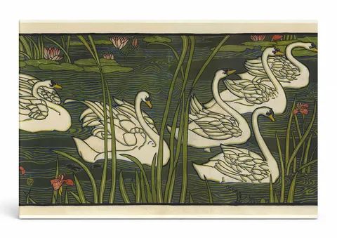 Swimming Swans Pond - Art Nouveau Vintage Lithograph Canvas Wall Art