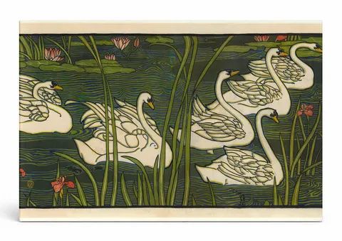 Seven Swans on a Lily Pond - Arts & Crafts Vintage Botanical Wall Art