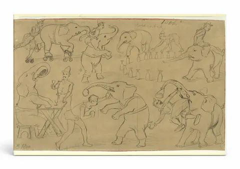 Circus Elephants Performing Acts - Vintage Sketch Pencil Drawing Wall Art