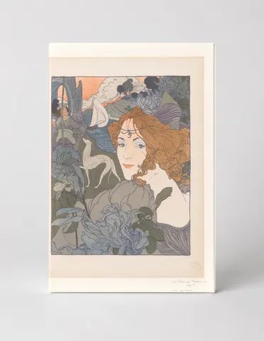Art Nouveau Woman with Blue Peonies 1890s - Vintage Lithograph Poster Wall Art