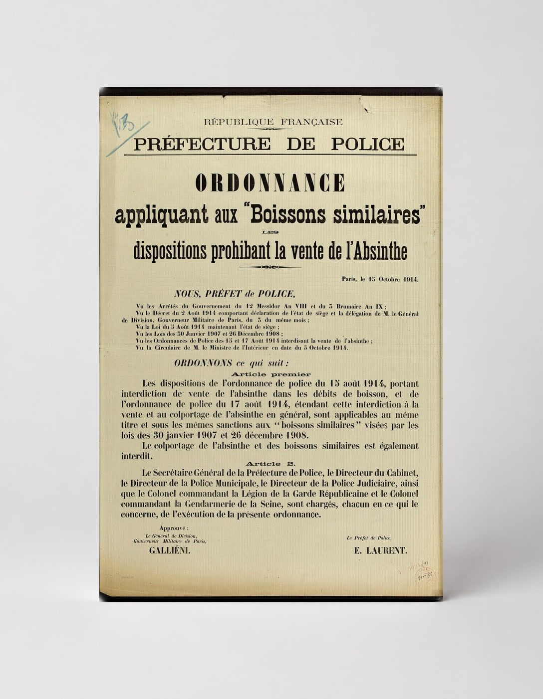 Ordonnance Absinthe Ban 1914 - French Police Decree Vintage Poster Wall Art