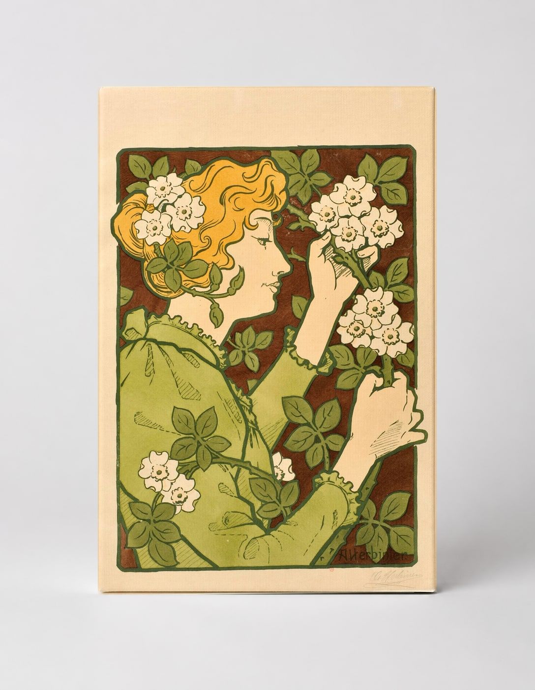Art Nouveau Woman with White Flowers 1900s - Vintage Lithograph Canvas Wall Art