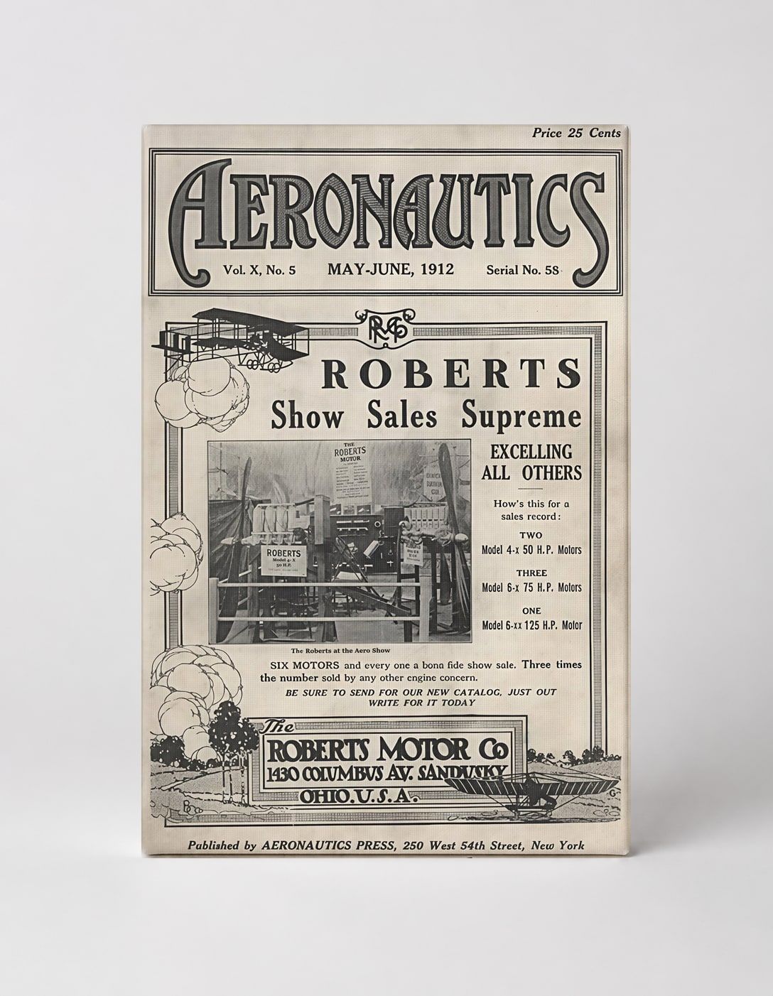 Aeronautics Magazine 1912 Roberts Motor Co - Vintage Aviation Poster Wall Art