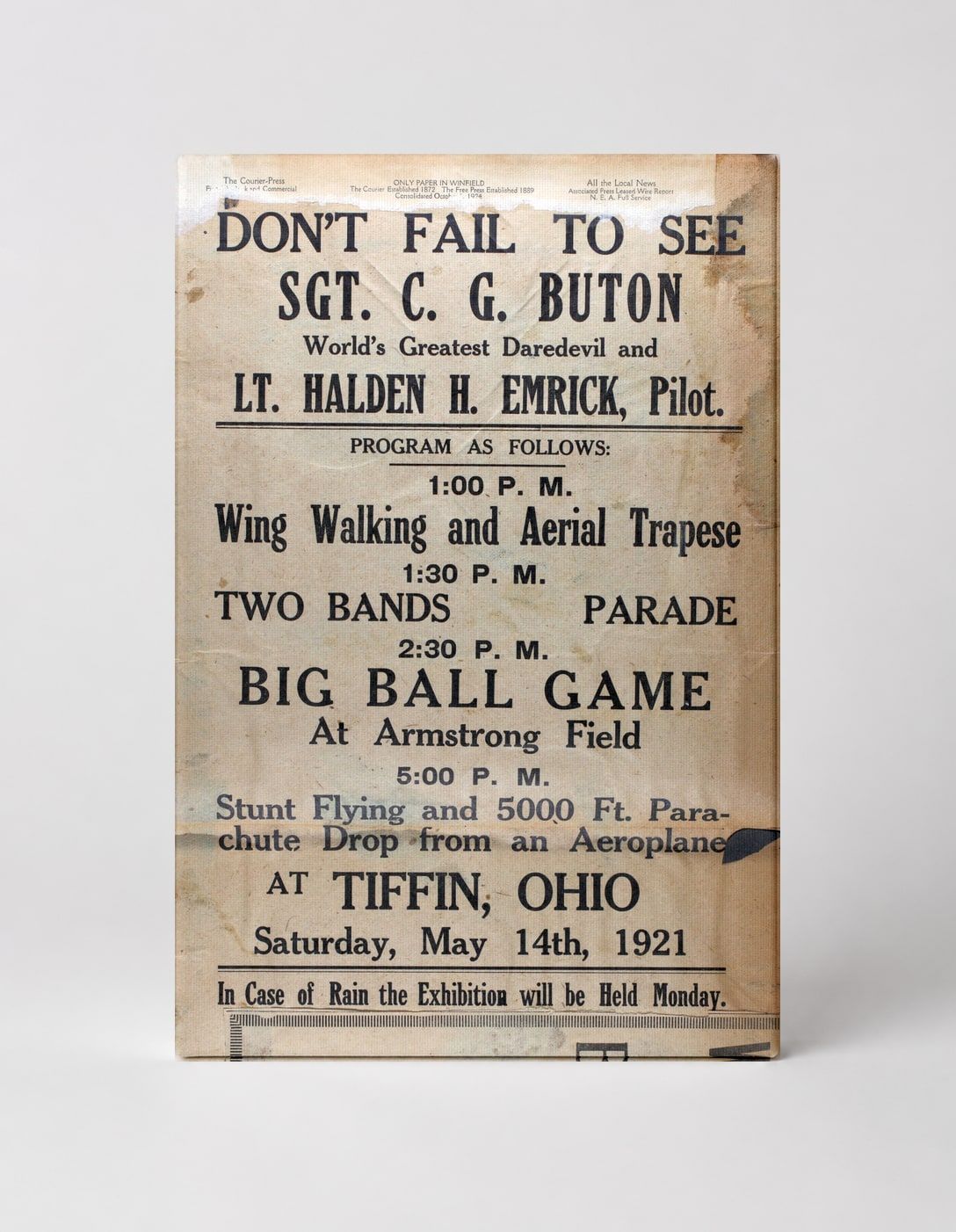 Sgt. C.G. Buton Daredevil 1921 Tiffin Ohio - Vintage Airshow Poster Wall Art