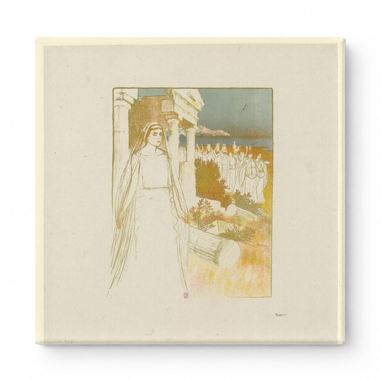 Veiled Woman at Temple Ruins 1890s - Symbolist Vintage Lithograph Wall Art