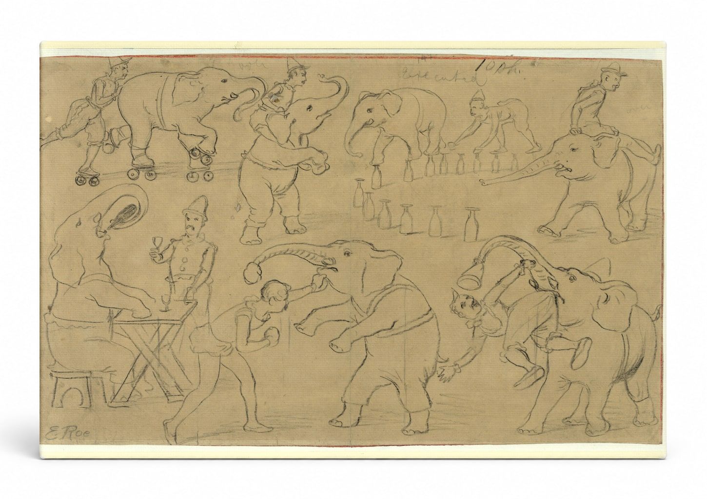 Circus Elephants Performing Acts - Vintage Sketch Pencil Drawing Wall Art