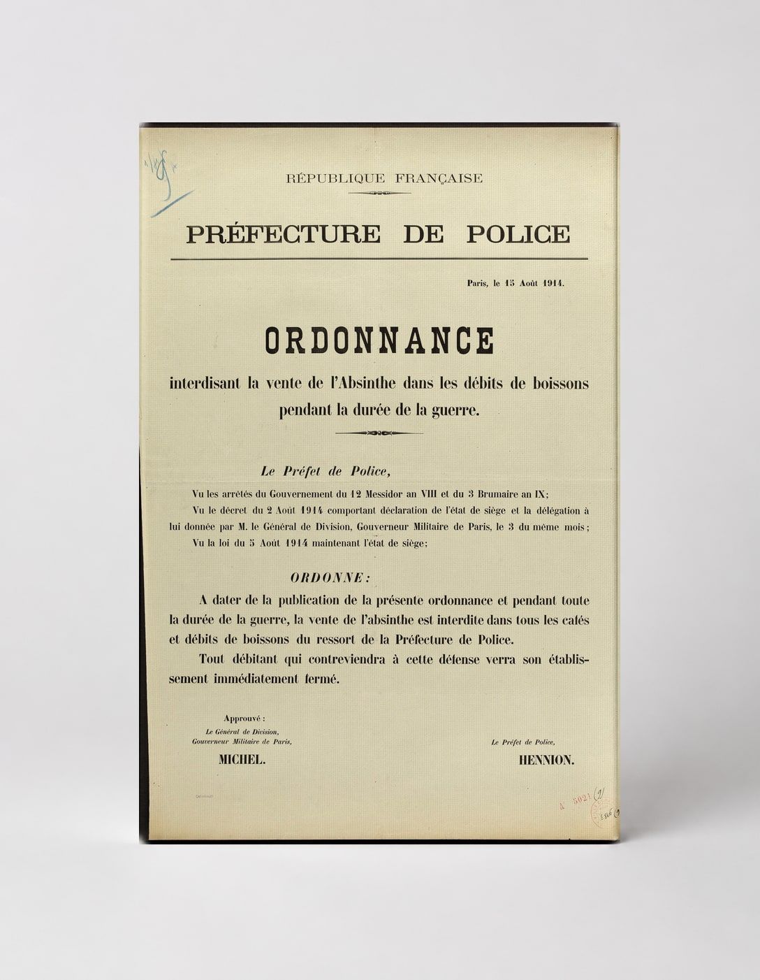 Préfecture de Police 1914 Absinthe Ban Ordinance - Vintage French Document Poster Wall Art