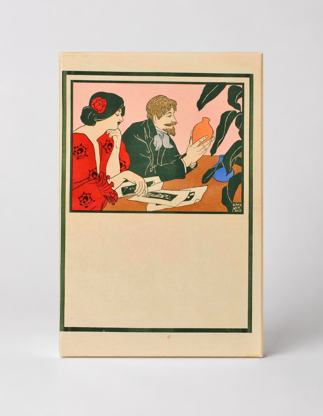 Art Nouveau Couple Examining Pottery 1900s - Vintage Lithograph Poster Wall Art