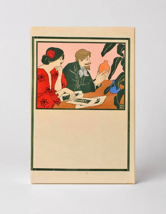 Art Nouveau Couple Examining Pottery 1900s - Vintage Lithograph Poster Wall Art