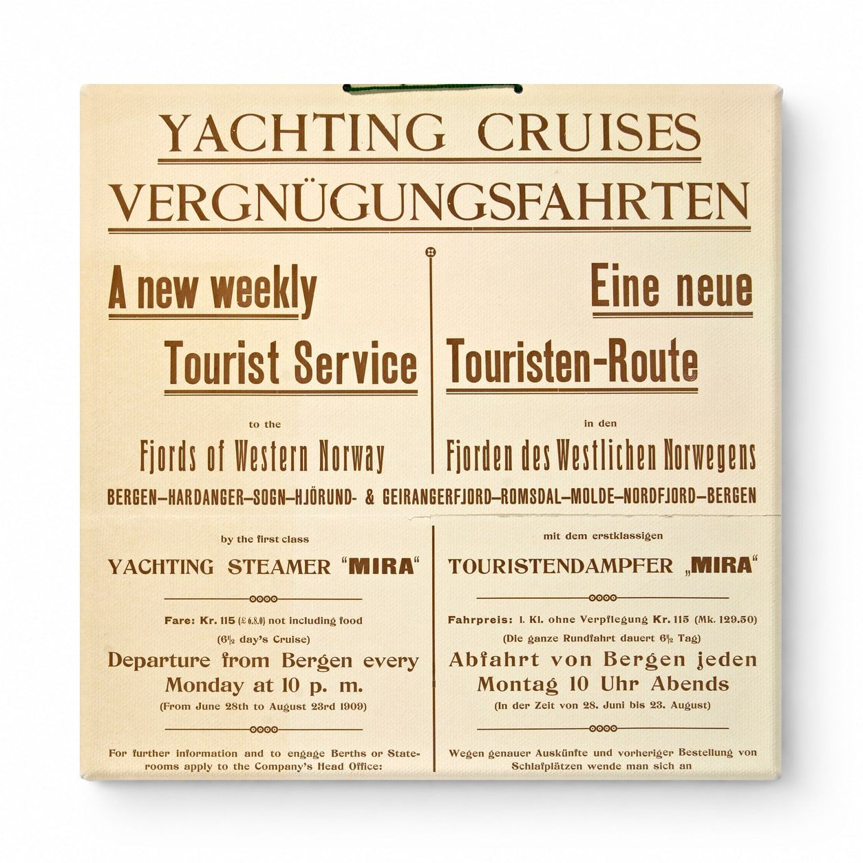 Yachting Cruises Mira 1909 - Norwegian Fjords Vintage Travel Poster Wall Art