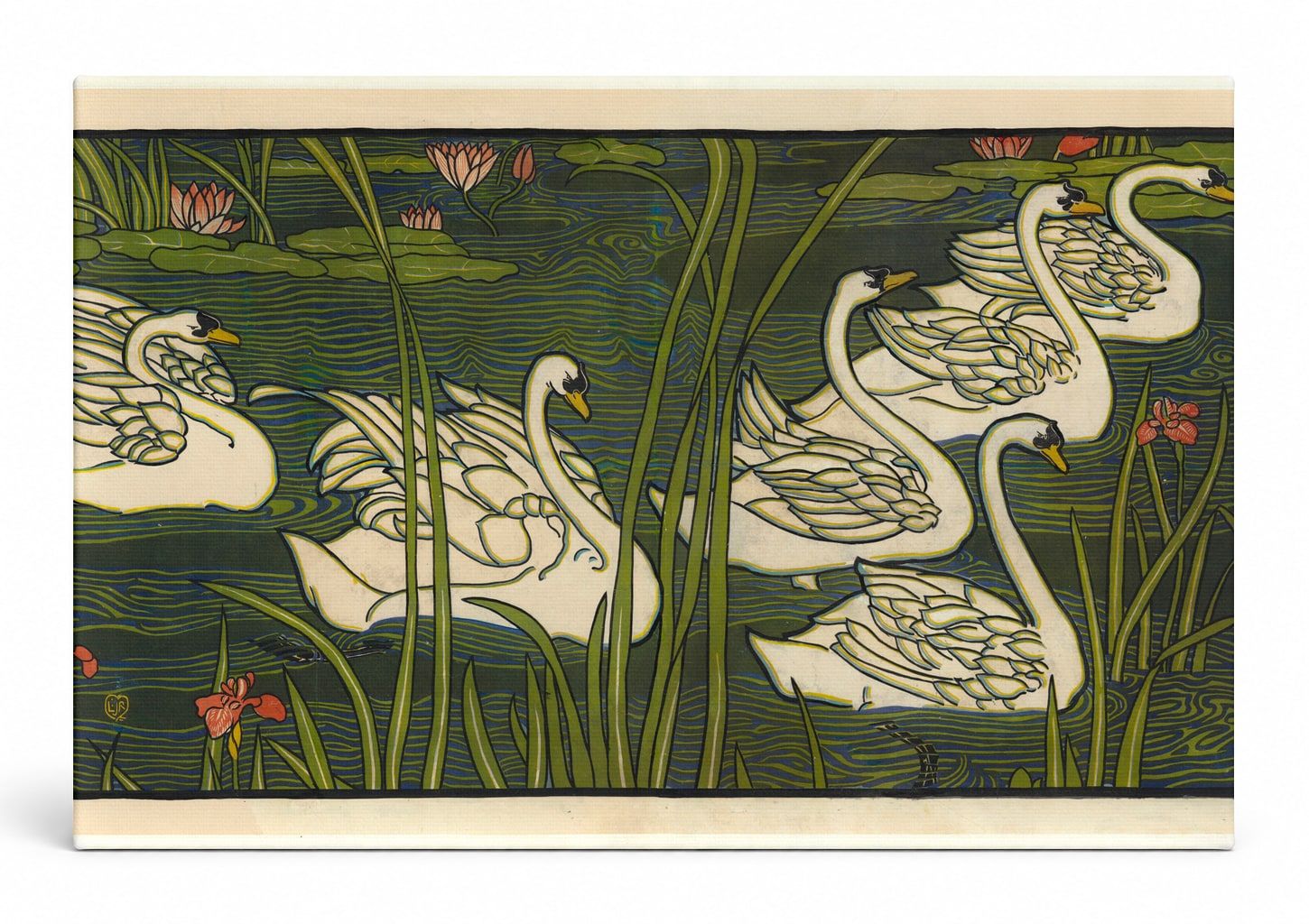 Seven Swans on a Lily Pond - Arts & Crafts Vintage Botanical Wall Art
