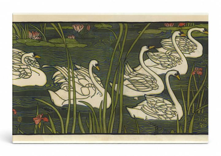 Swimming Swans Pond - Art Nouveau Vintage Lithograph Canvas Wall Art