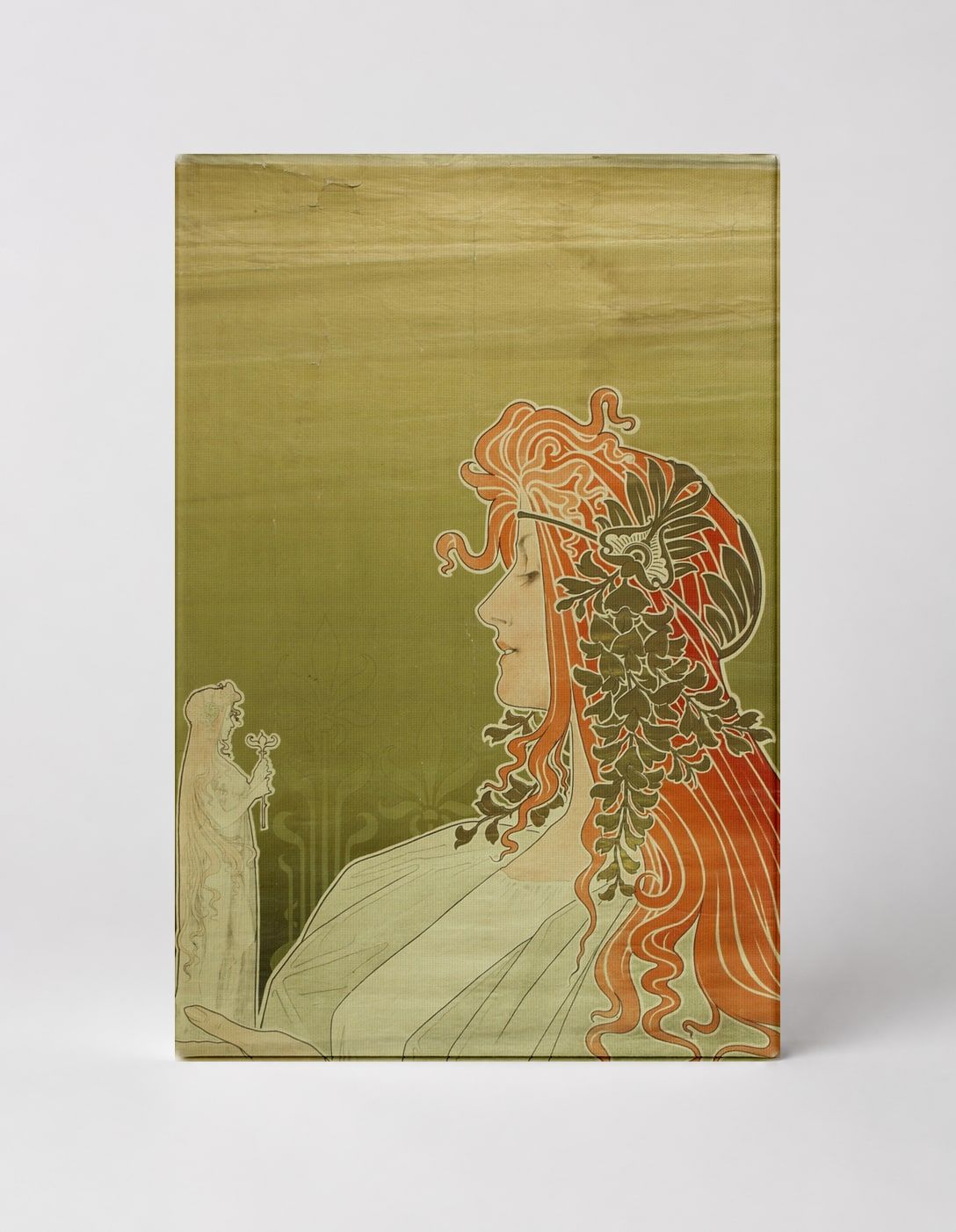 Art Nouveau Red-Haired Woman with Statue - Vintage Lithograph Poster Wall Art